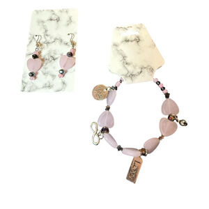 Women's Handmade Pink Heart Earrings & Bracelet Bridal Jewerly Set